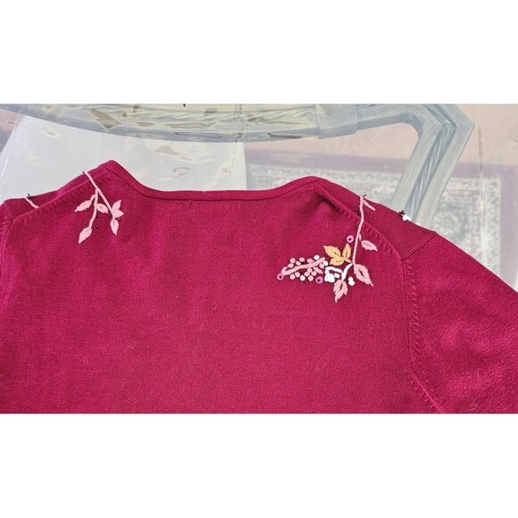 Laura Ashley Womens Burgundy Floral Embroidered V-Neck Sweater L Romantic Boho - Picture 10 of 12